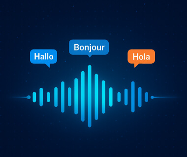 Sprachblasen mit Hallo, Bonjour und Hola über einer stilisierten Klangwellen-Grafik