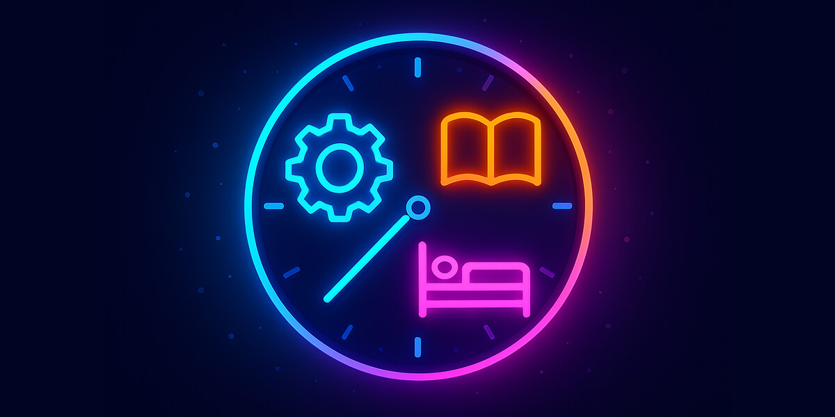 Leuchtende Uhr mit Symbolen für Arbeit, Lernen und Schlaf im Neonstil
