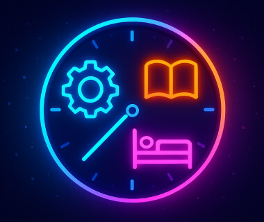 Leuchtende Uhr mit Symbolen für Arbeit, Lernen und Schlaf im Neonstil