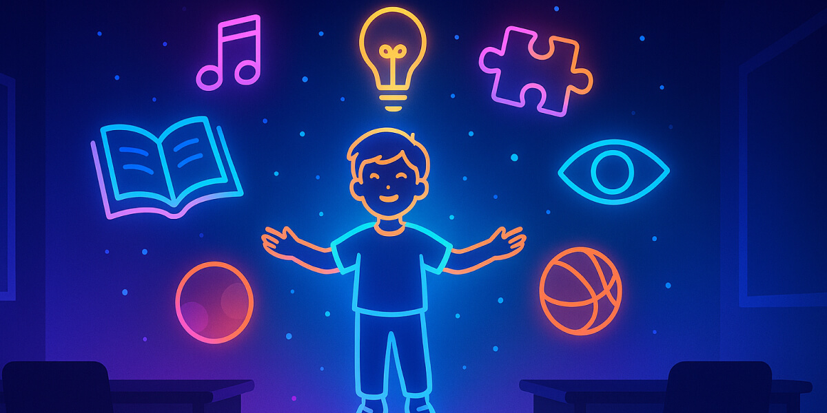 Illustration eines Kindes, umgeben von Symbolen für Lernen, Musik, Sport und Kreativität