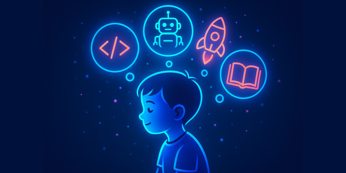 Illustration eines Kindes mit Gedankenblasen zu Robotik, Programmieren, Rakete und Buch