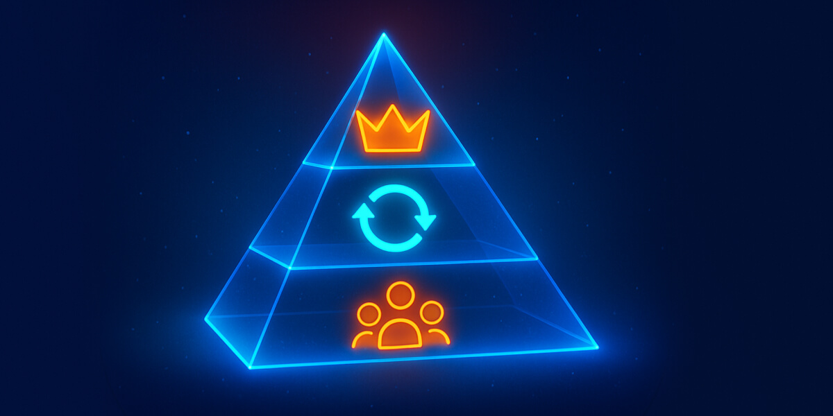 Leuchtende Pyramide mit Symbolen für Teamarbeit, Prozess und Führung