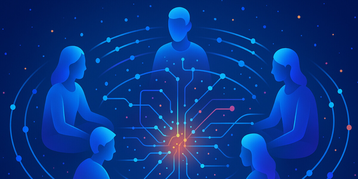 Illustration von fünf Menschen im Kreis, vernetzt durch digitale Datenpunkte