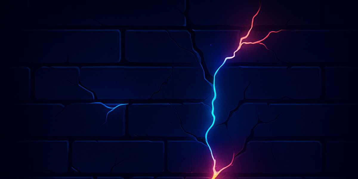 Dunkle Ziegelwand mit leuchtendem Riss in Blau, Rot und Orange als Symbol für Veränderung