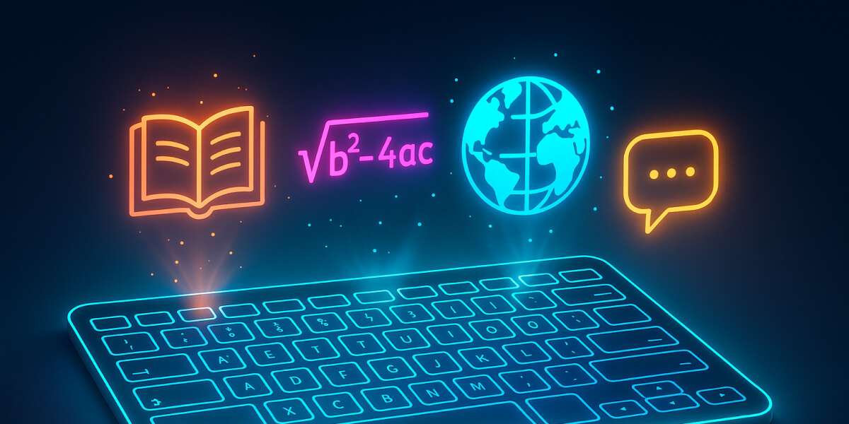 Neon-Illustration einer Tastatur mit Symbolen für Buch, Formel, Globus und Chatblasen