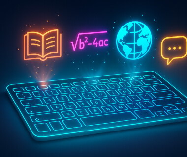 Neon-Illustration einer Tastatur mit Symbolen für Buch, Formel, Globus und Chatblasen