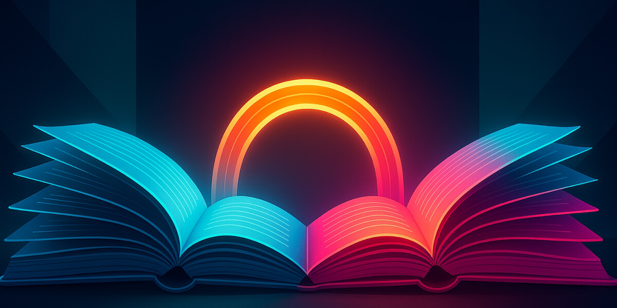 Zwei aufgeschlagene Bücher mit leuchtendem Bogen in Blau- und Rottönen als Symbol für bilinguales Lernen