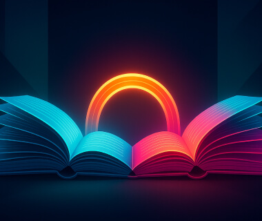 Zwei aufgeschlagene Bücher mit leuchtendem Bogen in Blau- und Rottönen als Symbol für bilinguales Lernen