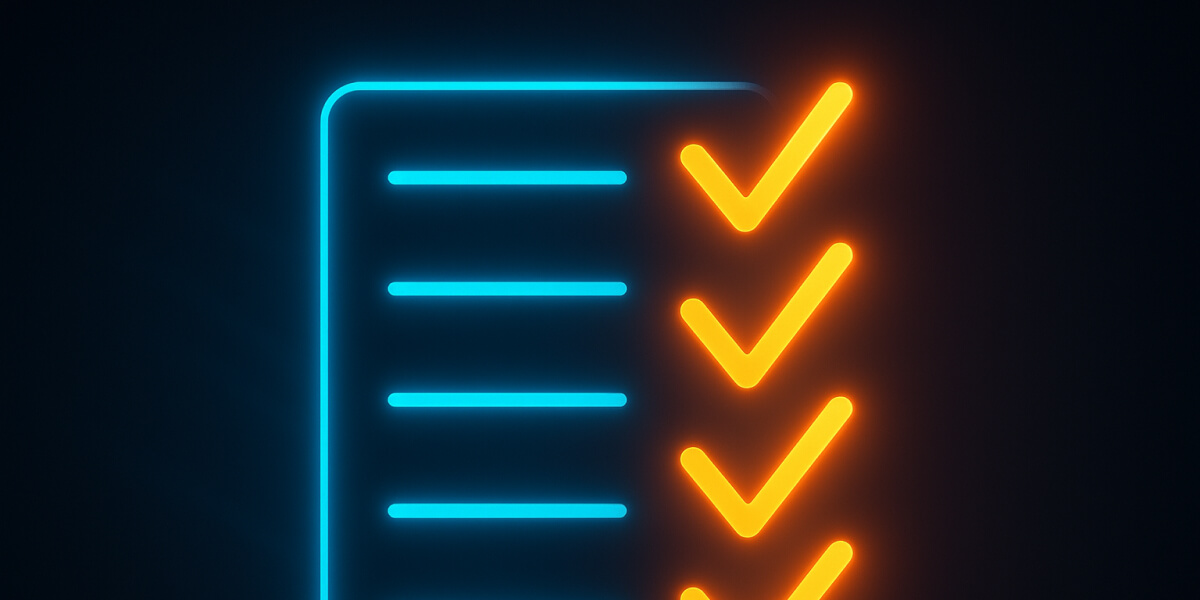Leuchtendes Icon einer Checkliste mit vier orangefarbenen Häkchen auf dunklem Hintergrund