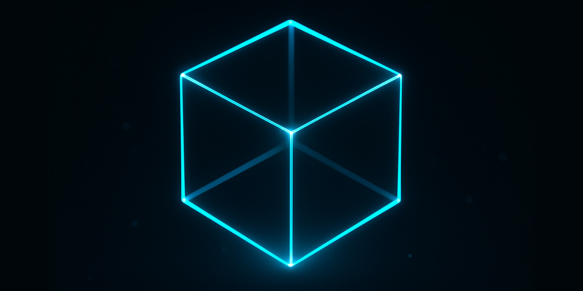 Leuchtender, neonblauer 3D-Würfel auf dunklem Hintergrund