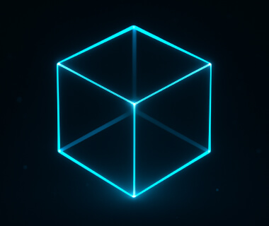 Leuchtender, neonblauer 3D-Würfel auf dunklem Hintergrund