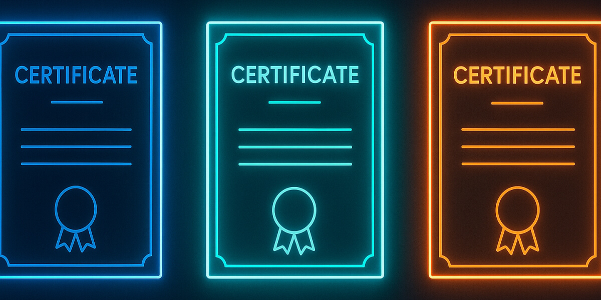 Drei stilisierte, leuchtende Zertifikate in Blau, Türkis und Orange auf dunklem Hintergrund