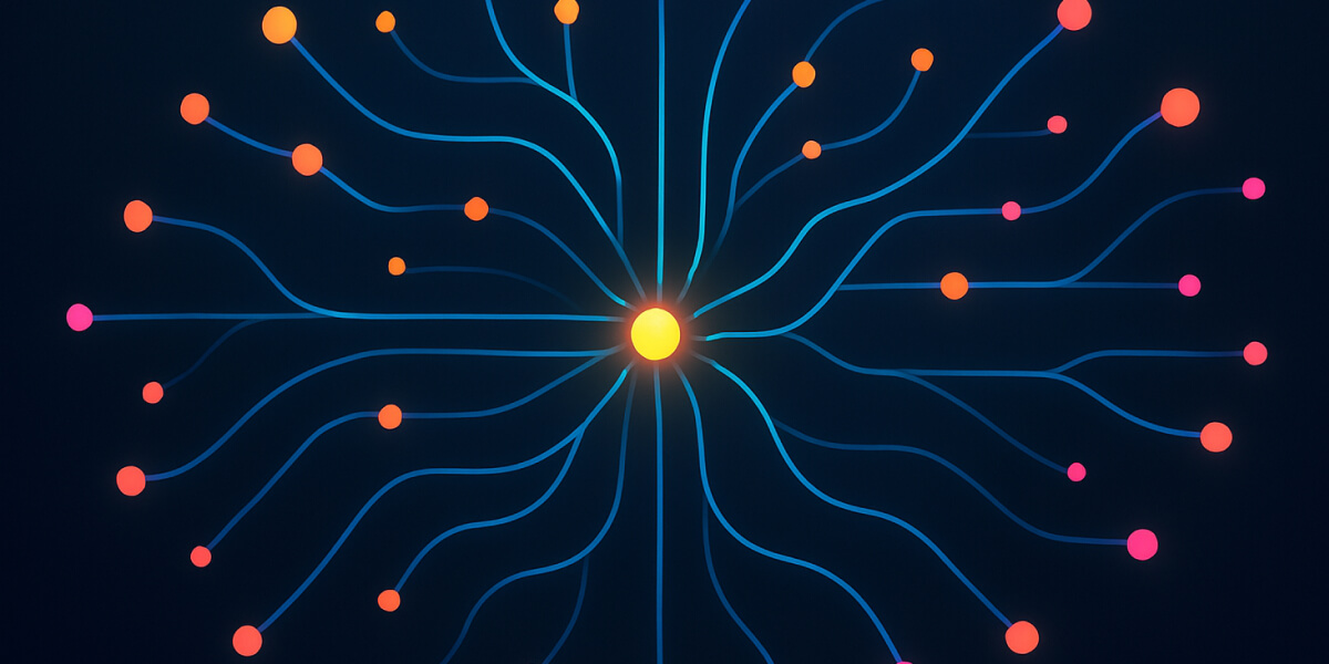 Grafik mit zentralem leuchtendem Punkt und vielen bunten Linien zu kleineren Punkten