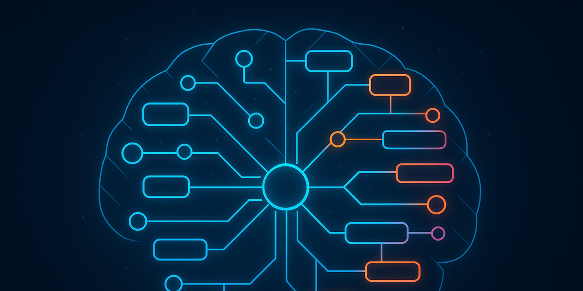 Illustration eines stilisierten Gehirns mit vernetzten farbigen Linien für Mindmapping