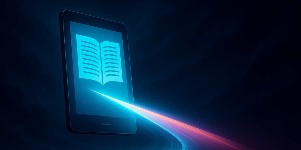 Illustration eines Tablets mit leuchtendem Buchsymbol und Lichtspur