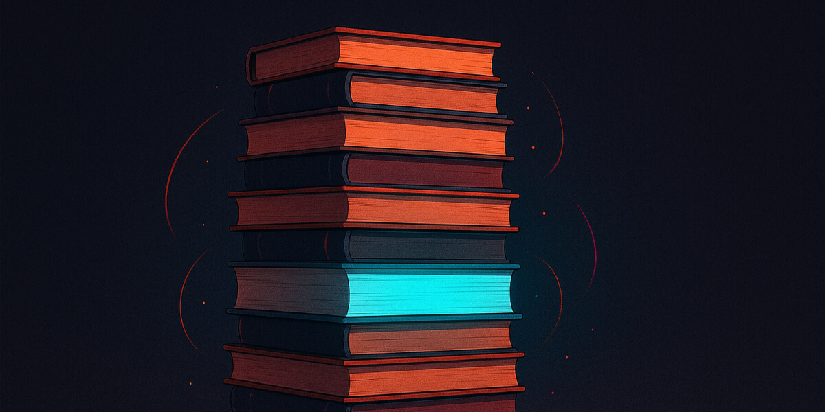 Stapel roter Bücher mit einem leuchtend blauen Buch in der Mitte