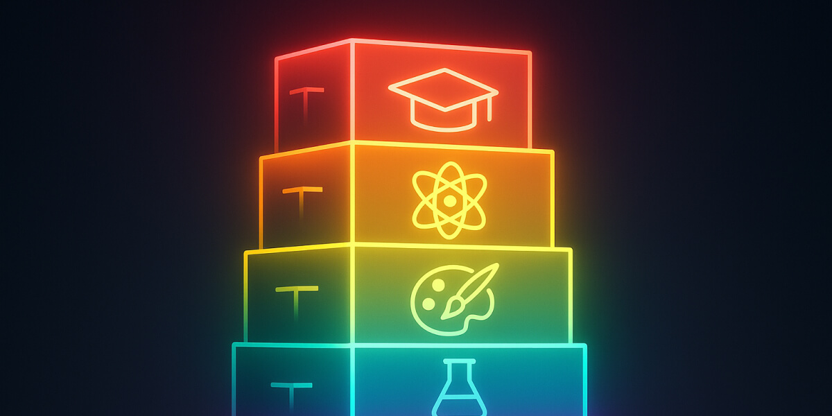 Bunte gestapelte Boxen mit Symbolen für Bildung, Wissenschaft, Kunst, Chemie und Technik im Neonstil