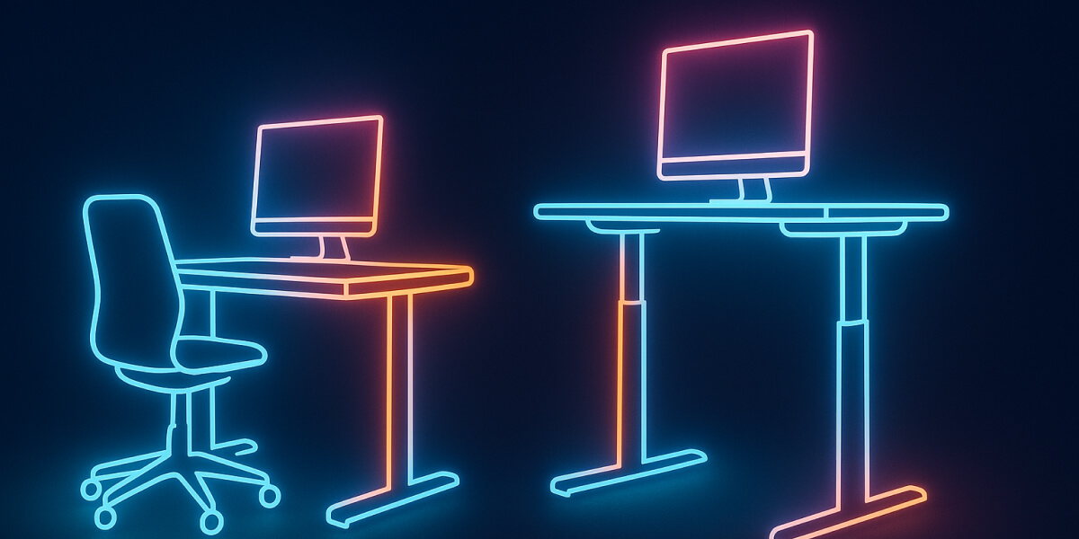 Neonillustration von zwei Arbeitsplätzen - ein Sitzschreibtisch und ein höhenverstellbarer Stehschreibtisch