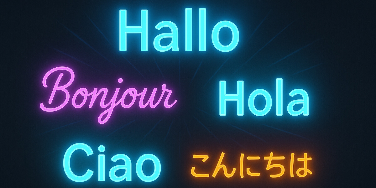 Neon-Schrift mit Begrüßungen in verschiedenen Sprachen auf dunklem Hintergrund