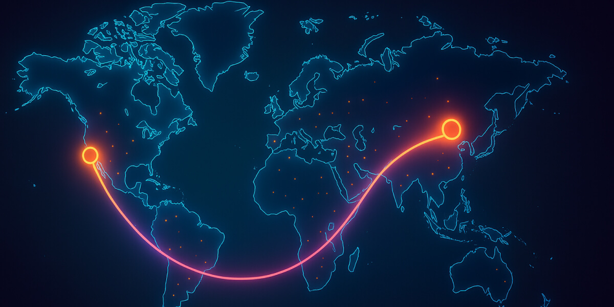 Leuchtende Weltkarte mit markierter Verbindungslinie zwischen Nordamerika und Asien