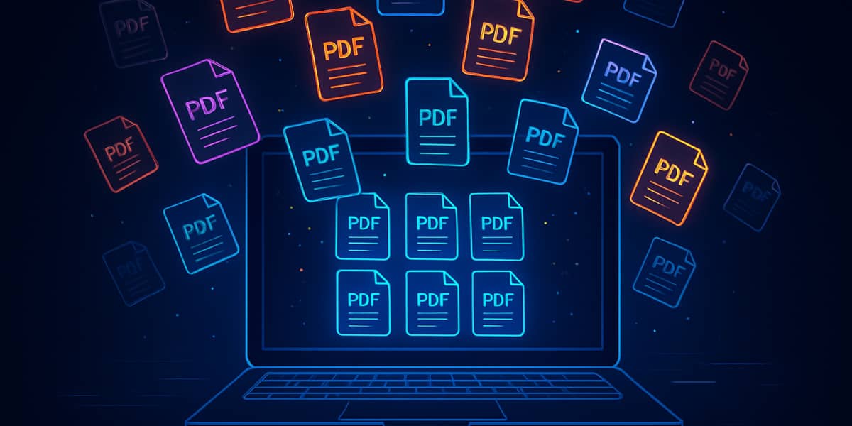 Laptop mit zahlreichen schwebenden PDF-Symbolen als Illustration für Literaturverwaltung