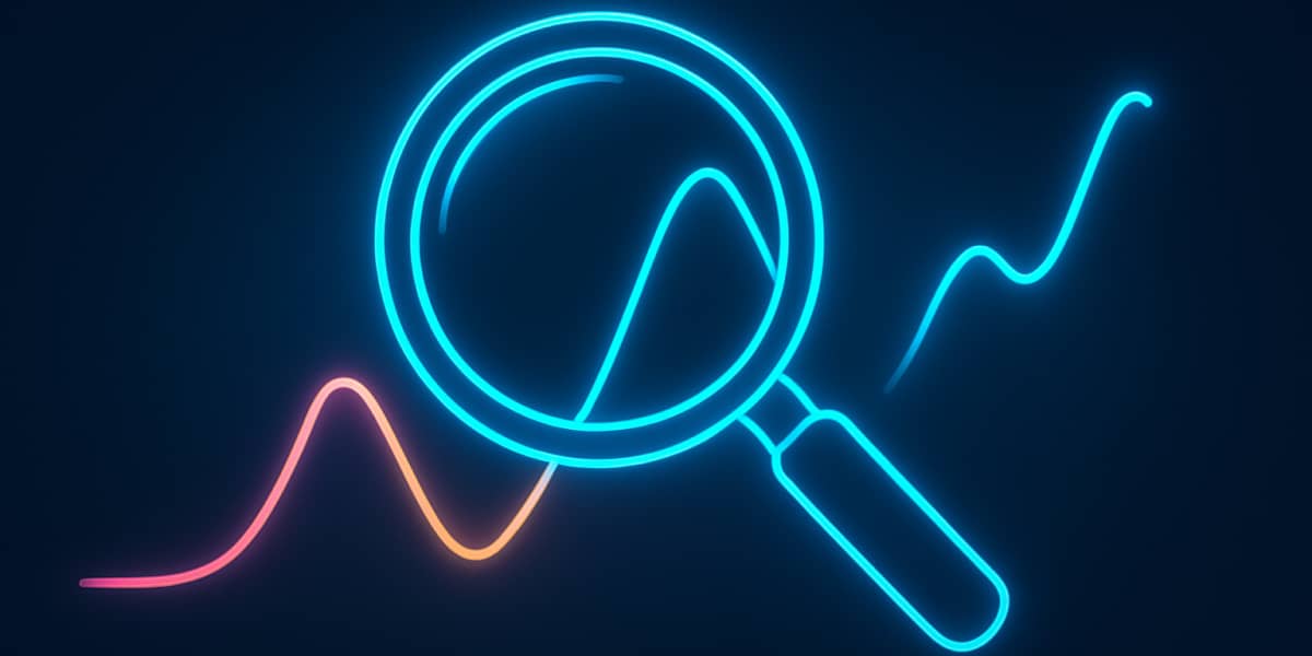 Leuchtende Lupe über einer Datenkurve in Neonfarben