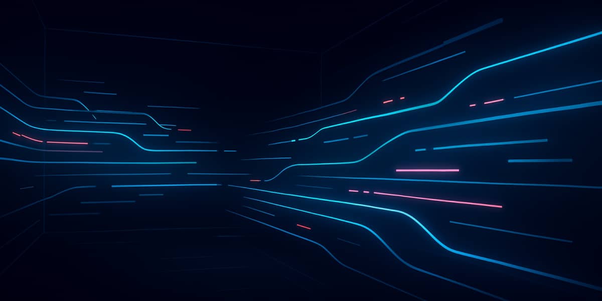 Abstrakte blaue und rote Lichtlinien auf dunklem Hintergrund symbolisieren digitale Überwachung