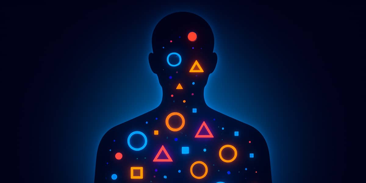 Silhouette mit leuchtenden geometrischen Symbolen als Darstellung von Soft Skills