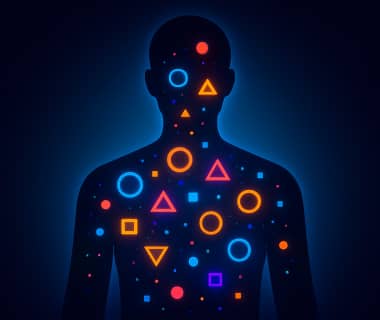 Silhouette mit leuchtenden geometrischen Symbolen als Darstellung von Soft Skills