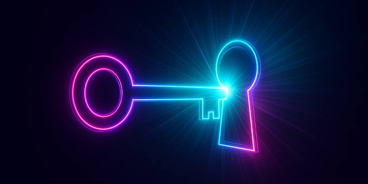 Leuchtender Schlüssel öffnet ein Schlüsselloch in Neonfarben