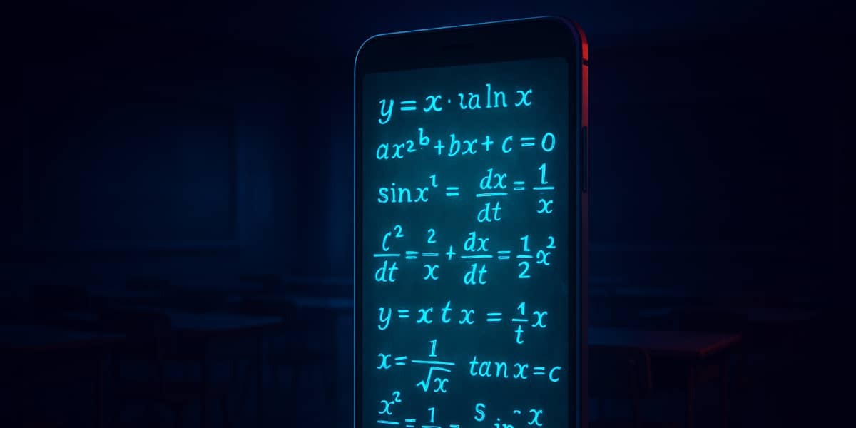 Smartphone mit leuchtenden mathematischen Formeln im Klassenzimmer
