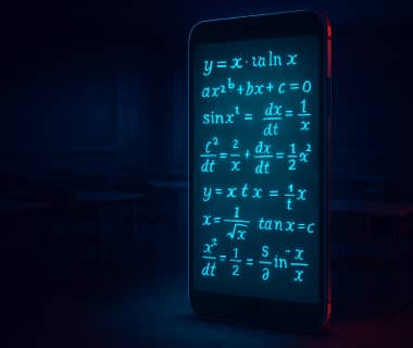 Smartphone mit leuchtenden mathematischen Formeln im Klassenzimmer