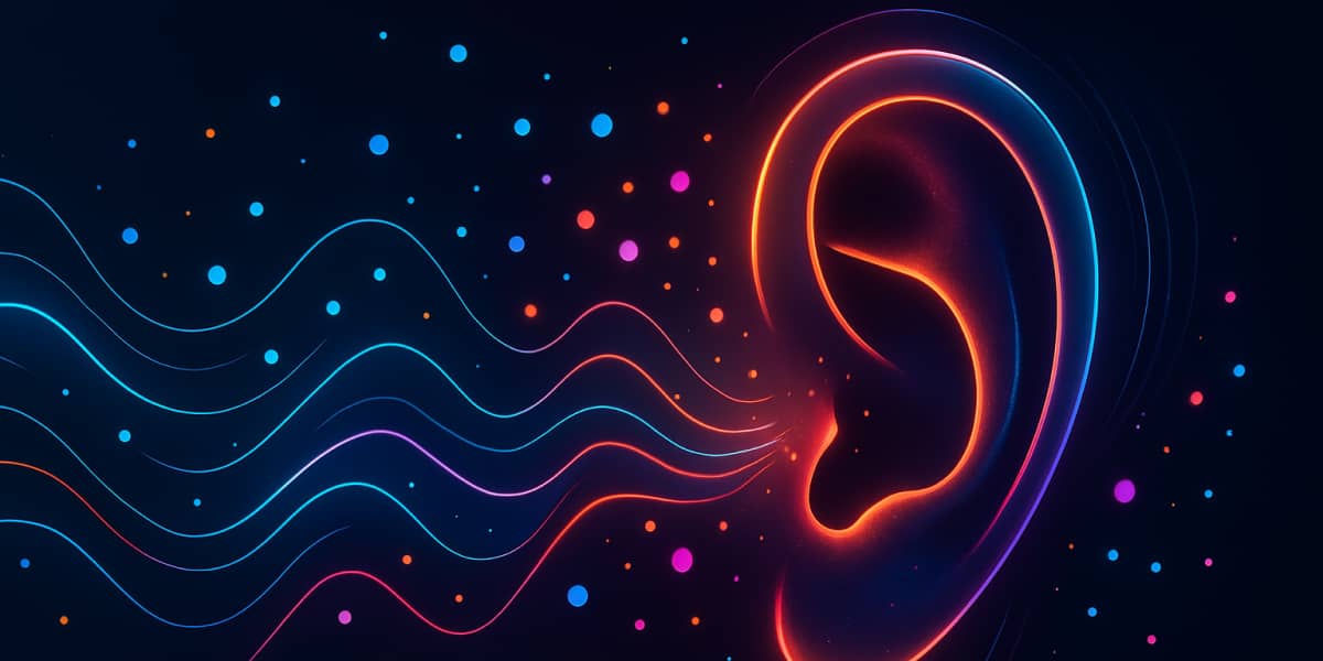Illustration eines Ohres mit bunten Klangwellen und Punkten zur Symbolisierung von Sprachförderung