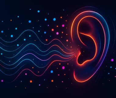 Illustration eines Ohres mit bunten Klangwellen und Punkten zur Symbolisierung von Sprachförderung