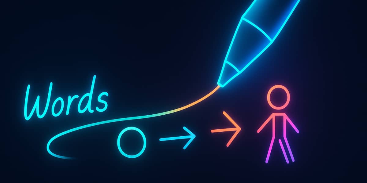 Leuchtende Illustration mit Stift, Wort 'Words' und Strichmännchen als Symbol für visuelles Lernen