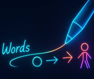 Leuchtende Illustration mit Stift, Wort 'Words' und Strichmännchen als Symbol für visuelles Lernen
