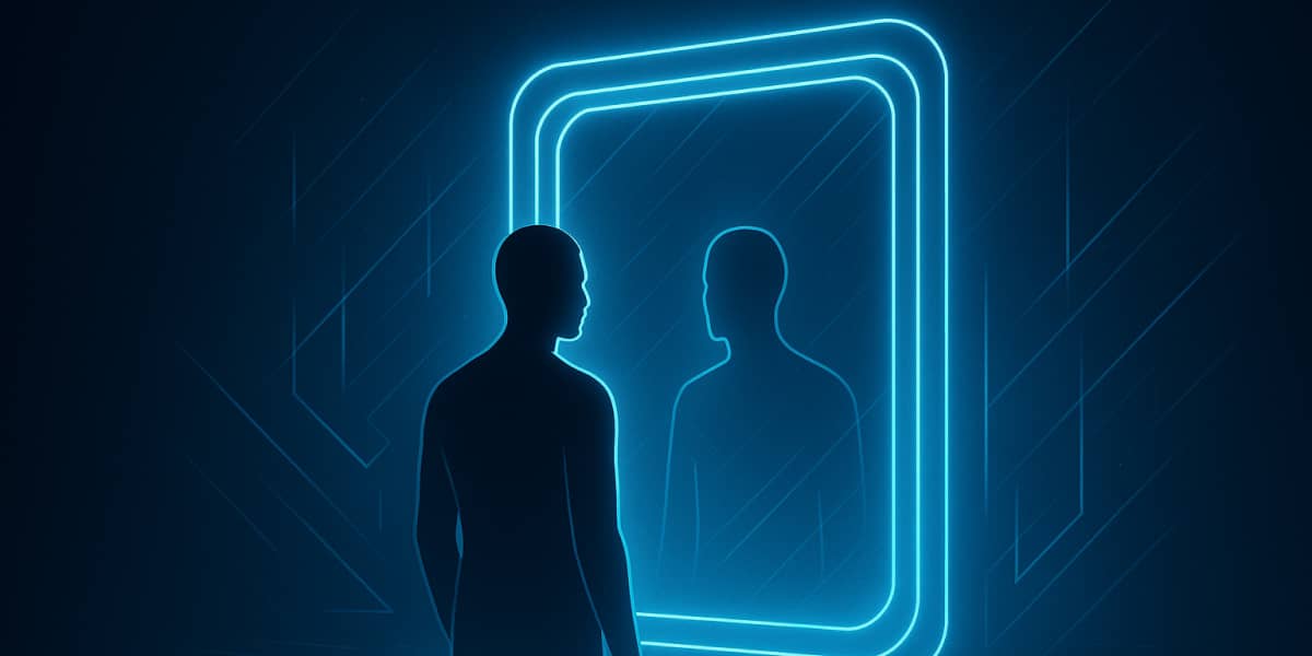 Illustration einer Person vor einem leuchtenden Spiegel, die ihr eigenes Spiegelbild betrachtet