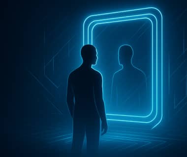 Illustration einer Person vor einem leuchtenden Spiegel, die ihr eigenes Spiegelbild betrachtet