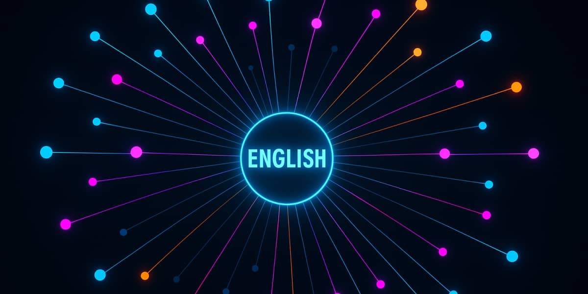 Leuchtendes Netzwerkdiagramm mit dem Wort English im Zentrum