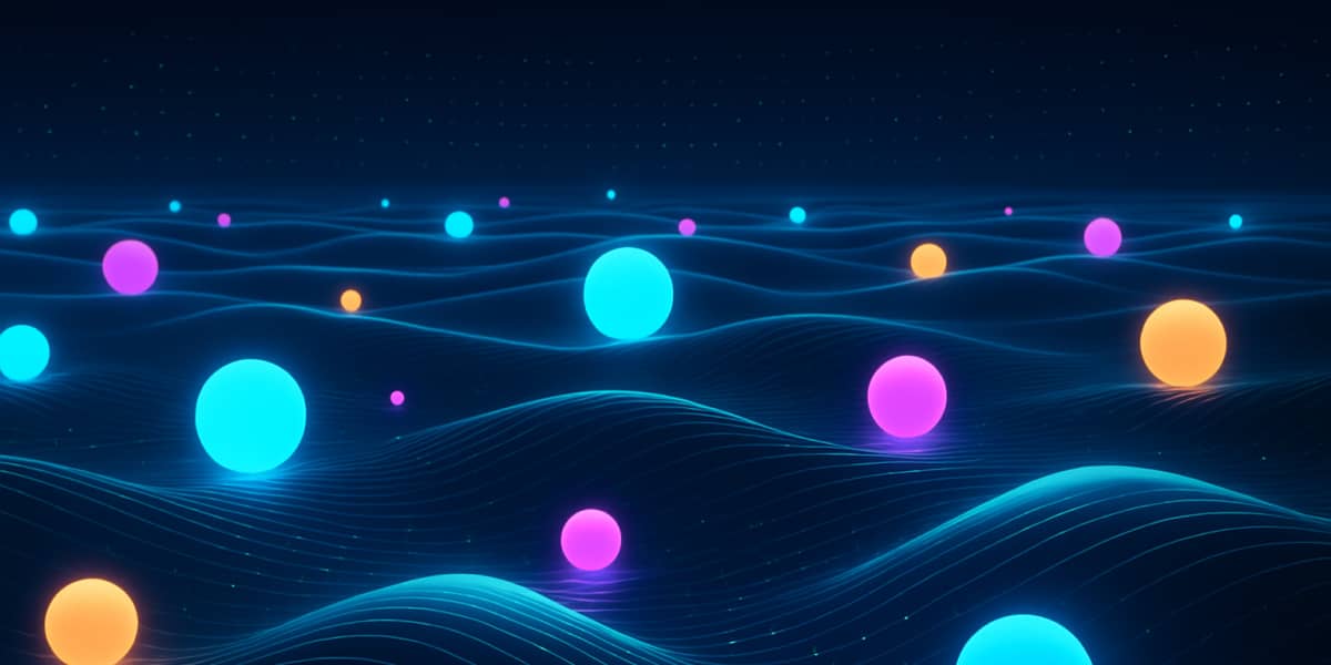 Leuchtende bunte Kugeln schweben über einem digitalen Wellenmuster