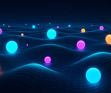 Leuchtende bunte Kugeln schweben über einem digitalen Wellenmuster