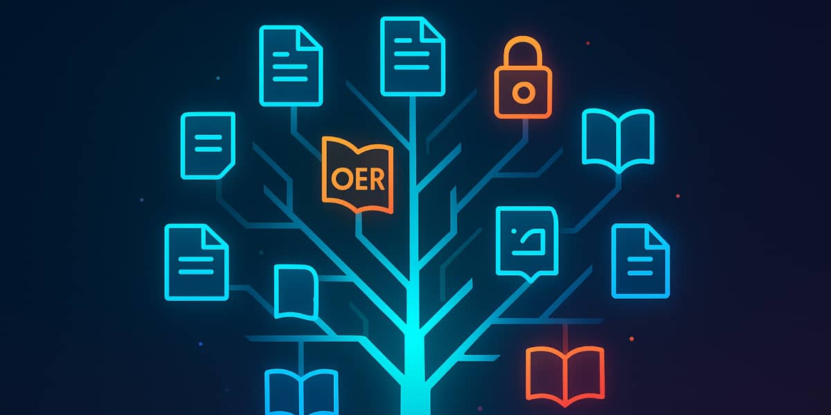Symbolischer Baum mit Büchern, Dokumenten und OER-Icon für offene Bildungsressourcen