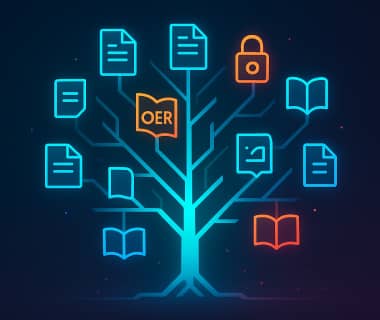 Symbolischer Baum mit Büchern, Dokumenten und OER-Icon für offene Bildungsressourcen
