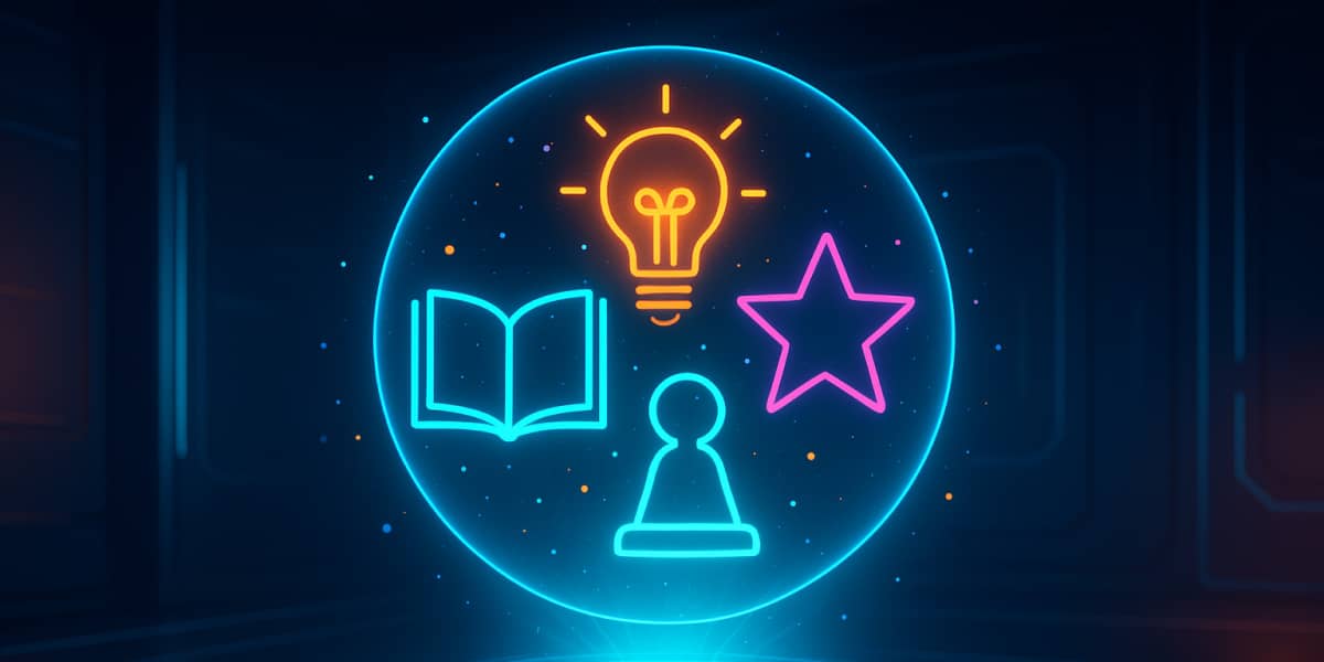 Futuristische Illustration mit Symbolen für Lernen, Idee, Stern und Spielfigur im Neon-Stil