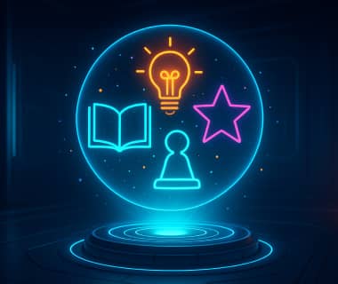 Futuristische Illustration mit Symbolen für Lernen, Idee, Stern und Spielfigur im Neon-Stil