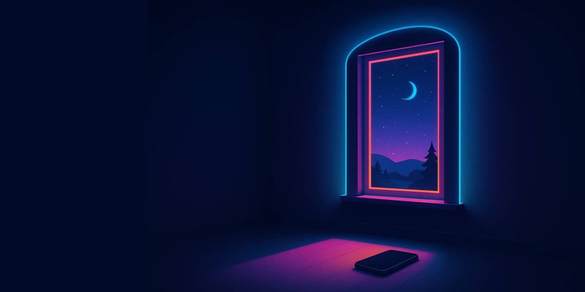 Neonbeleuchtetes Fenster mit Blick auf Sternenhimmel und Halbmond, darunter ein Smartphone auf dem Boden