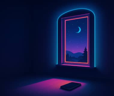 Neonbeleuchtetes Fenster mit Blick auf Sternenhimmel und Halbmond, darunter ein Smartphone auf dem Boden