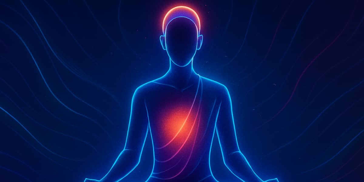 Meditierende Silhouette mit leuchtendem Herzen und strahlendem Kopf in Neonfarben