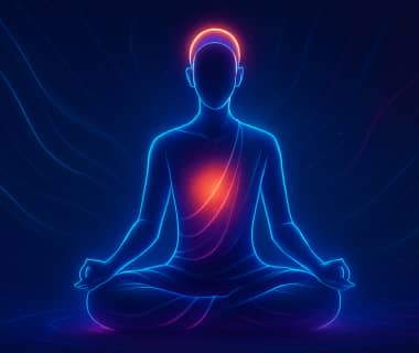 Meditierende Silhouette mit leuchtendem Herzen und strahlendem Kopf in Neonfarben