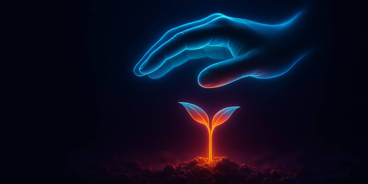 Leuchtender Setzling im Boden, von einer schützenden Hand überragt